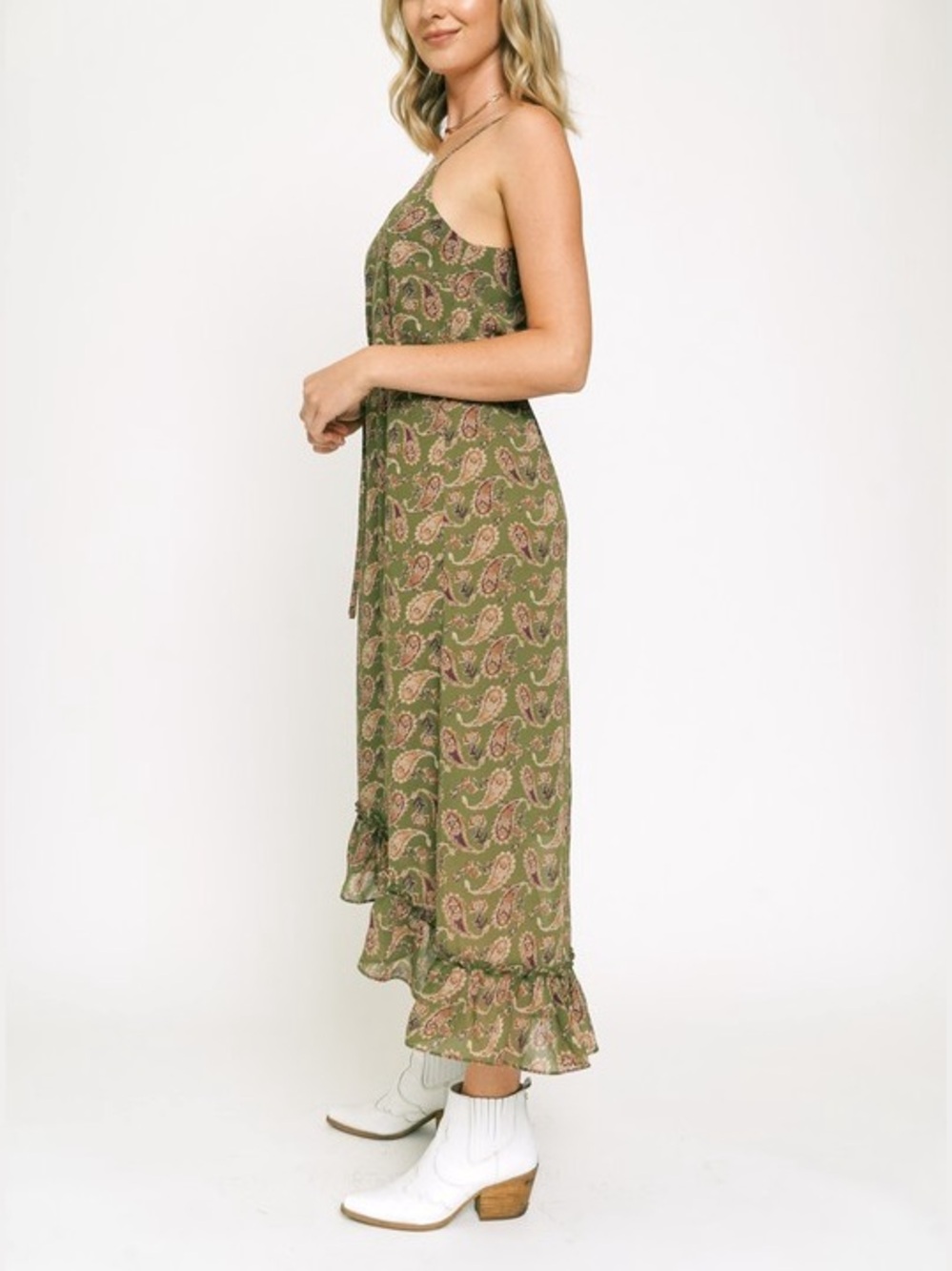 🍂SPECIAL🍂PAISLEY PRINT RUFFLE HEM SLIP DRESS|OLIVE - Picture 4 of 6